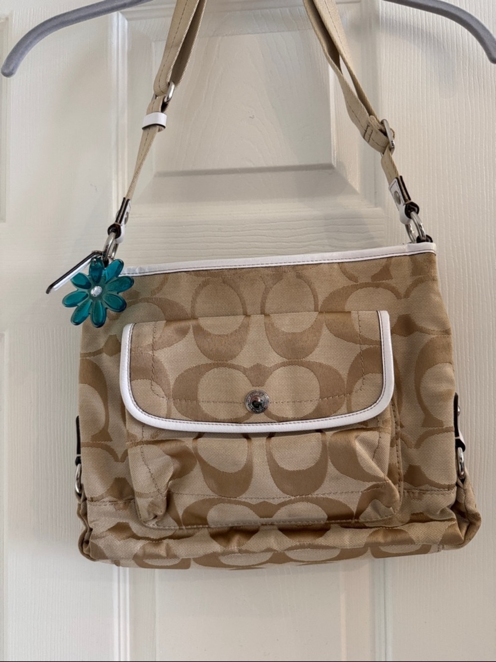 Y2K Coach Signature-Pattern Shoulder Bag with White Trim and Flower Charm Brown